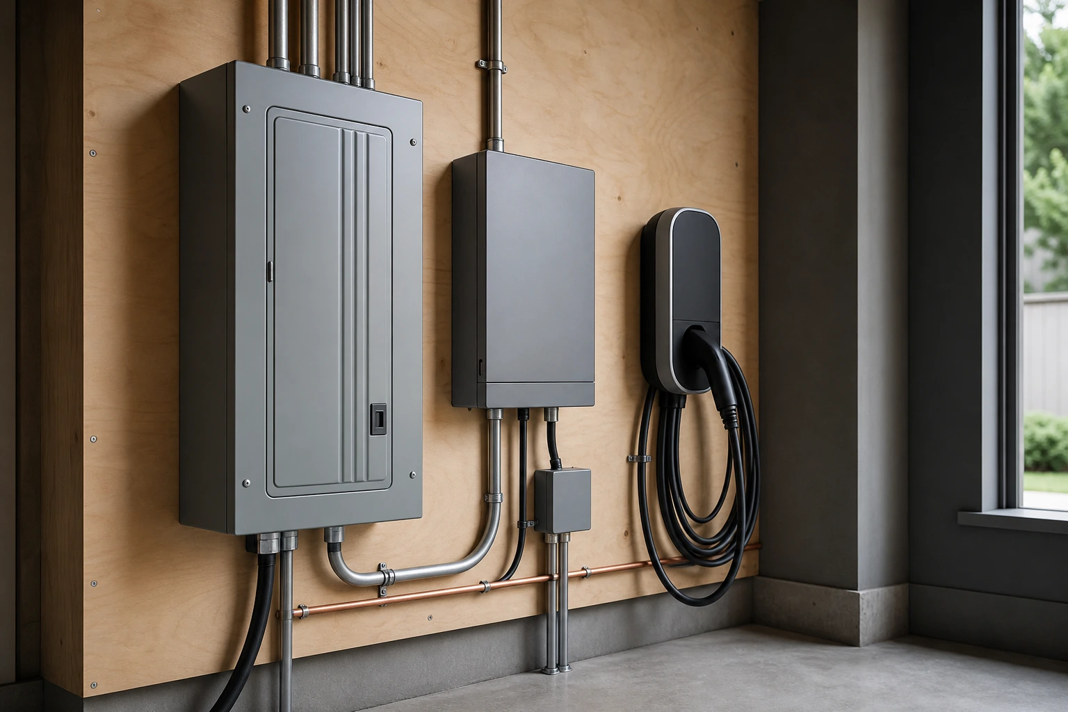 Closed electrical panel, energy-management controller and EV charger in a finished utility space
