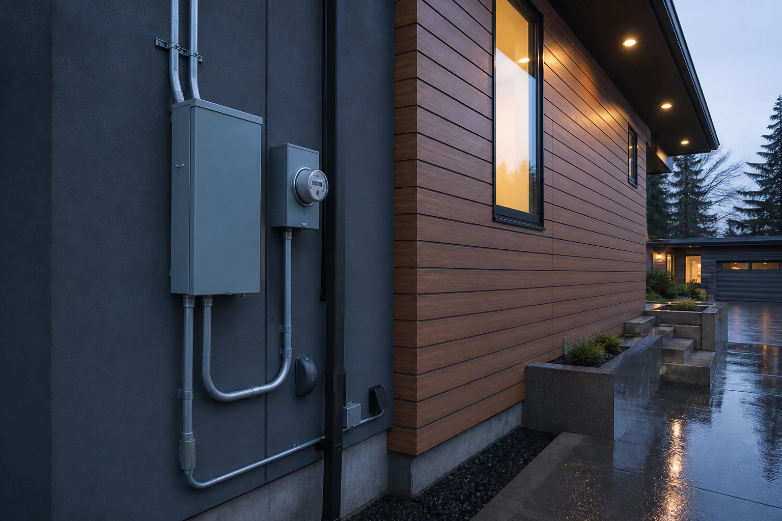 Closed residential electrical service equipment and utility meter on a modern Burnaby home