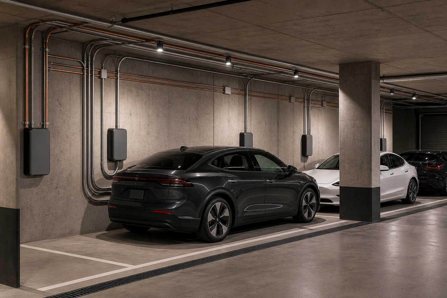 Multi-family parkade with coordinated EV charging infrastructure