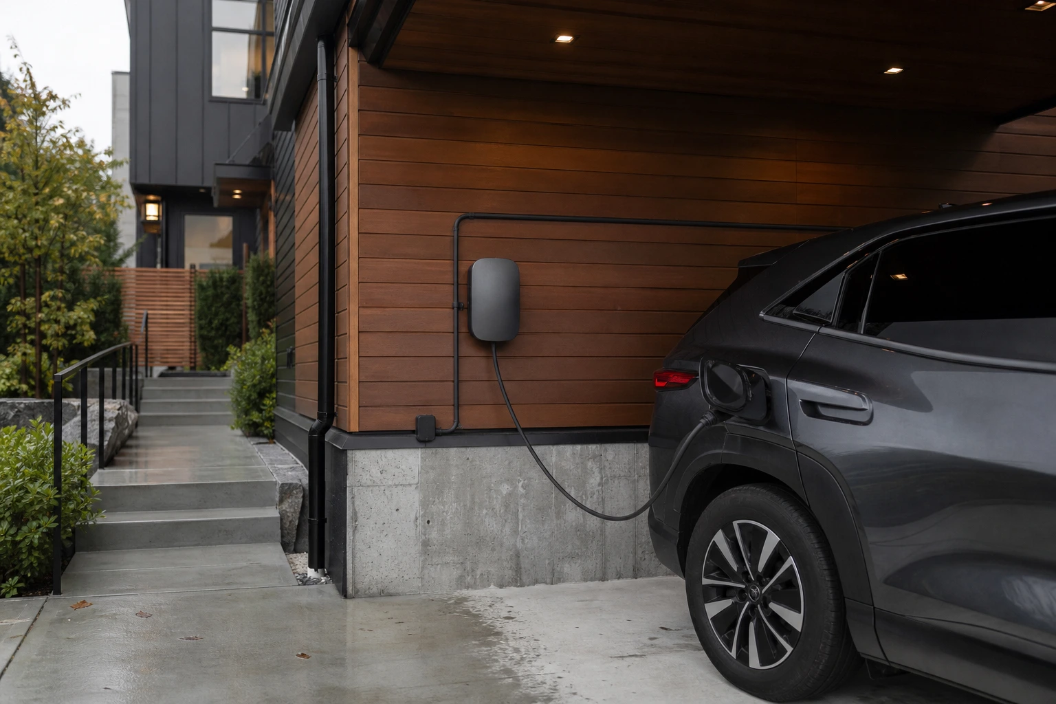 Completed wall-mounted EV charging installation at a Burnaby townhouse carport